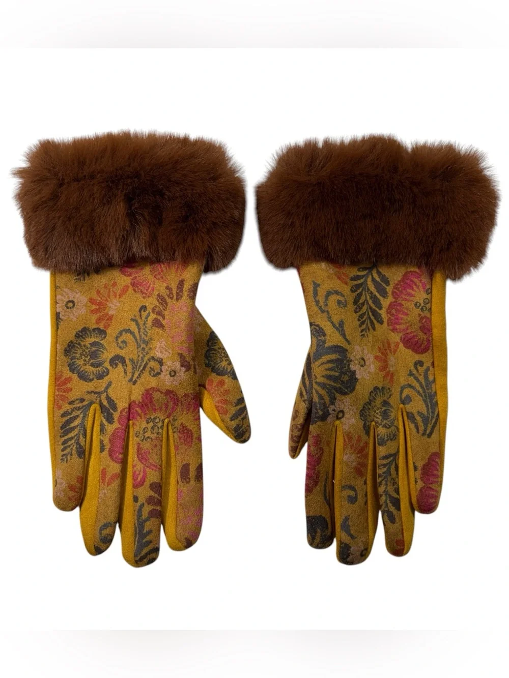 Powder UK Bernadette Fur Cuff Mustard Floral Suede Gloves Art Deco Eccentricity